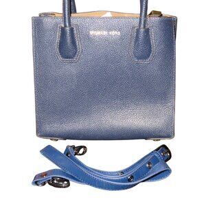 Michael Kors Mercer Medium Blue Pebbled Leather Crossbody Satchel Tote Handbag